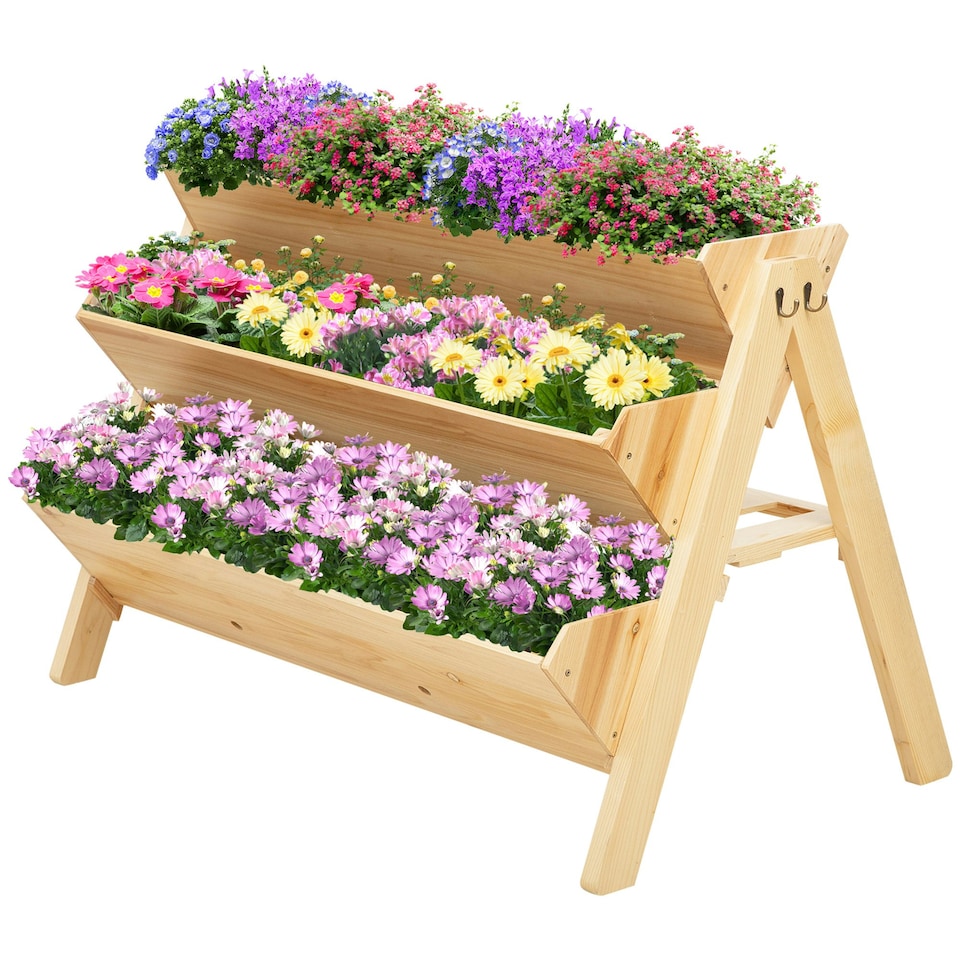 image 1 of Outsunny 3 Tier Wooden Garden Raised Bed Plant Bed with Clapboard and Hooks
