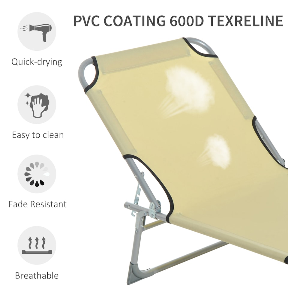 image 1 of Outsunny Reclining Sun Lounger Chair Folding Camping Bed with 4-Position Adjustable Backrest, for Travel Indoor Outdoor Office Fishing, Beige