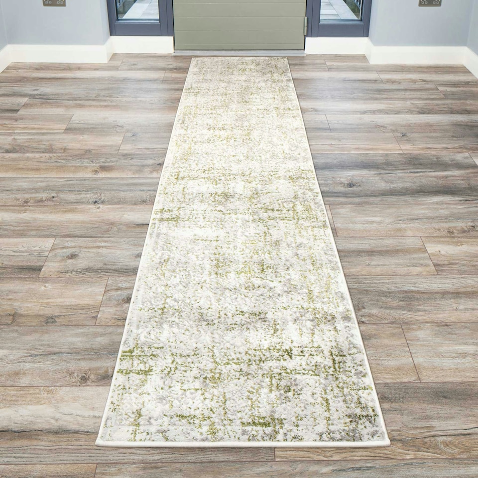 image 1 of KUKOON Olive Green Grey Distressed Tweed Runner Rug 60cm x 240cm
