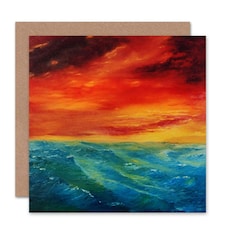 Storm Sunset Sea Blue Red Orange Sky Seascape Art Card