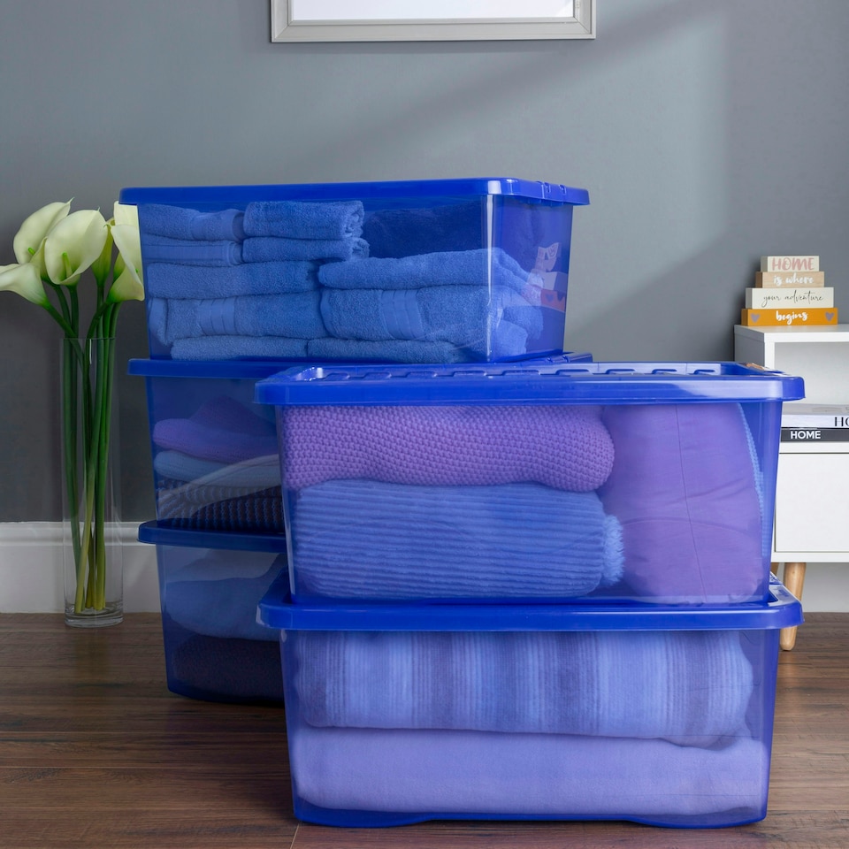 image 1 of Wham Crystal 5 x 45L Stackable Plastic Storage Boxes with Lids Blue