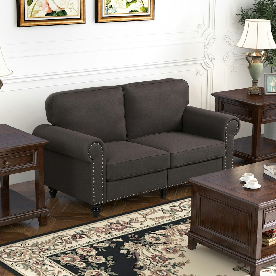 image 1 of HOMCOM 2 Seater Sofa for Living Room, with Nailhead Trim, Dark Brown