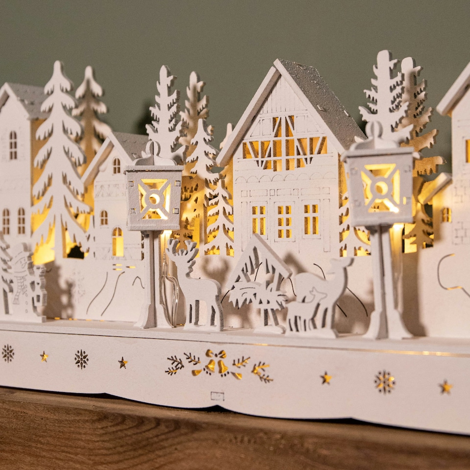image 1 of 15cm Battery Operated Light up Wooden House Scene with 15 Warm White LEDs