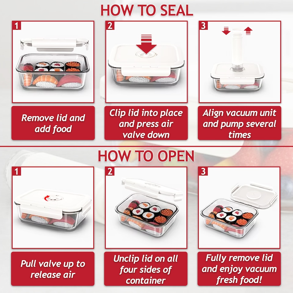image 1 of SPARES2GO Vacuum Food Storage Glass Container with Securing Clips Lid + Manual Sealing Pump (Medium, 1040ml)