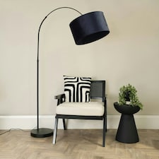 ValueLights Louis Black Arched Curved Floor Lamp with Navy Blue Velvet Drum Lamp Shade