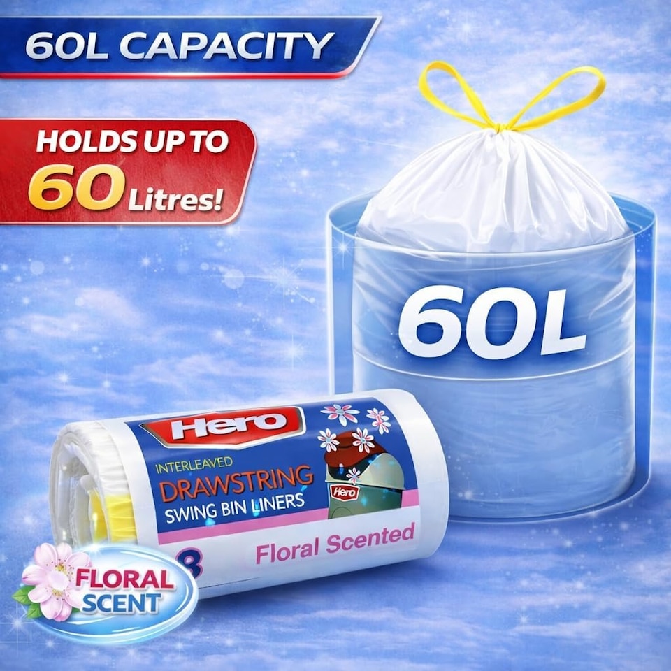 image 1 of Hero 60L Floral Scented Drawstring Bin Liners – Strong Tear Resistant White Refuse Sacks | Easy Dispense Roll of 8 for Home, Office & Commercial Use