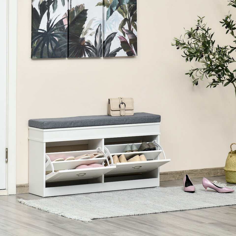 image 1 of HOMCOM Shoe Storage Bench with Flip Drawers, Shoe Cabinet with Seat Cushion and Adjustable Shelf for Hallway, Entryway, Living Room, Bedroom, White | White | White