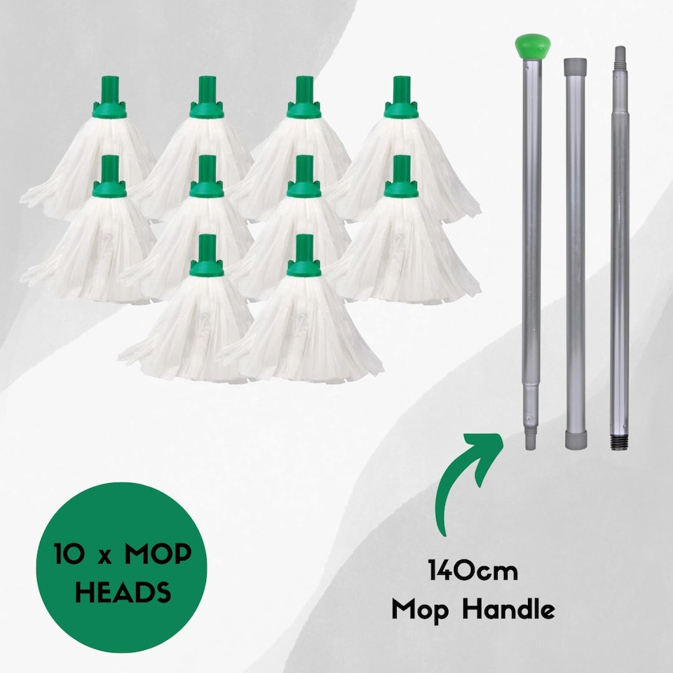 image 1 of Mop Head Refills (10 Super Absorbent Mops With 140cm Handle) For Hard Floor Mopping Cleaning Home office and Commercial Use Green | Green
