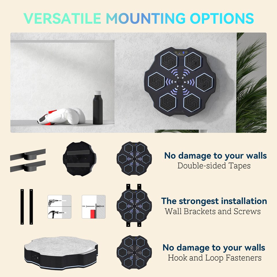 image 1 of SPORTNOW Music Boxing Machine, Smart Bluetooth Boxing Machine Wall Mounted with 9 Speeds & Modes, LED Lights, Punching Pad for Adults, Black