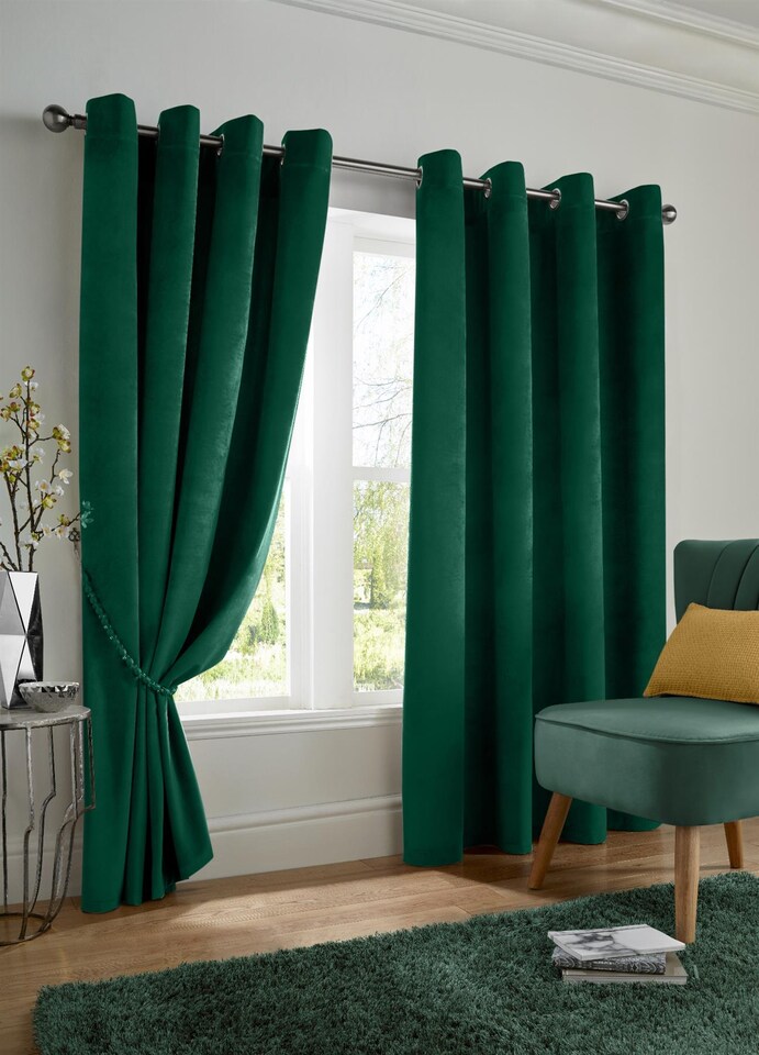 image 1 of Velvet Thermal Blackout Eyelet Curtains Ready Made Pair - 168cm x 183cm - Green