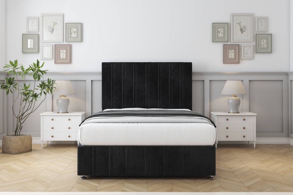image 1 of Sloomy Langston Black Naples Divan Bed Base No Drawers With 54 Inch Floor Standing Headboard & 12 Inch Matching Footboard | Black | Black | Small Single | 1