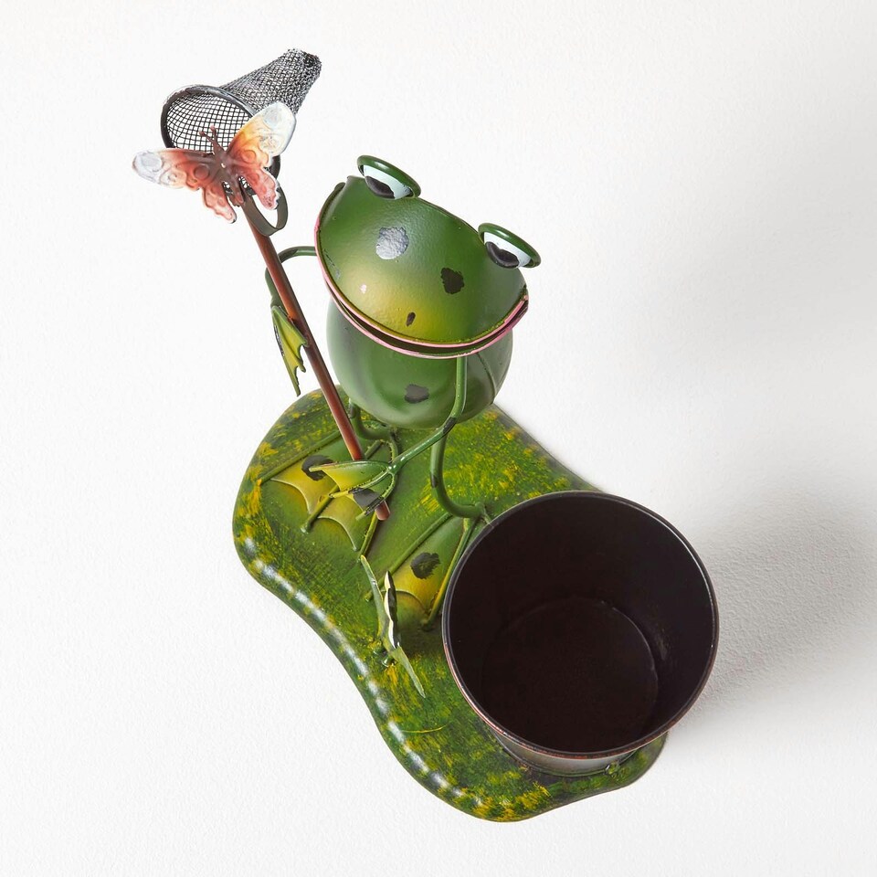image 1 of Homescapes Metal Frog with Butterfly Net and Flower Pot - 31 cm Tall