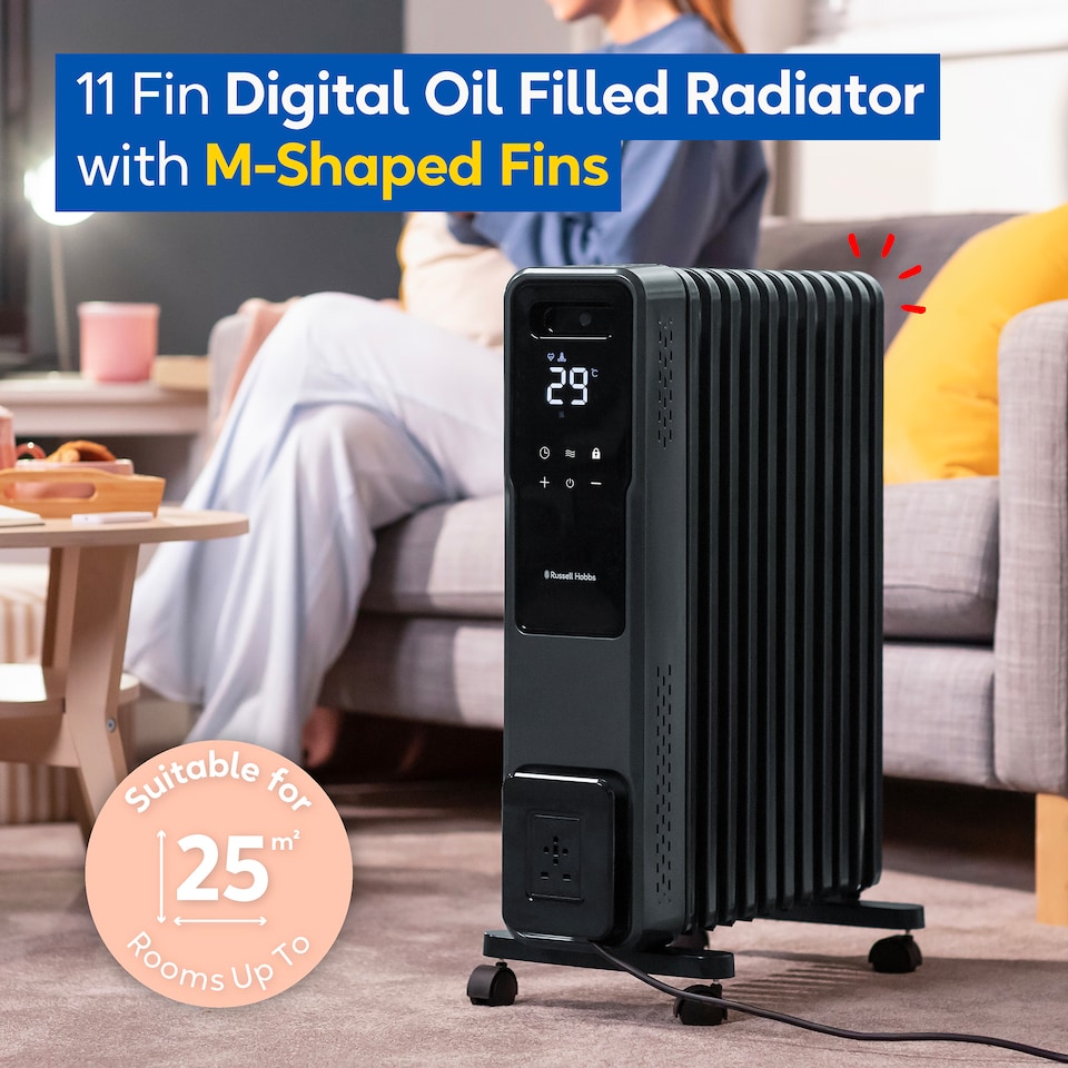 image 1 of Russell Hobbs® RHOFR2500-M-D 2.5kW 11 Fin Digital Oil Filled Radiator with M-Shaped Fins Touch Control and Remote in Graphite