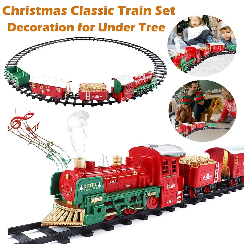 image 1 of Christmas Theme Classic Train Set for Kids with Light Realistic Sounds, Steam Effect, 3 Cars carriage and Tracks For Christmas