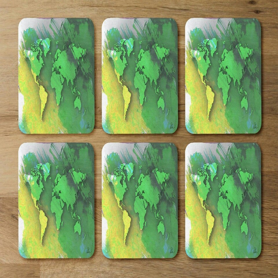 image 1 of World map yellow and green (Coaster)