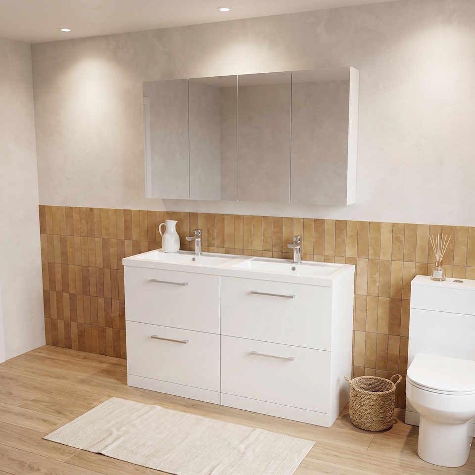 image 1 of Balterley Level Floor Standing 4 Drawer Vanity Unit with Double Basin, Handles & Overflow for Bathroom Storage | White | Gloss White | 840 x 1205 x 383mm