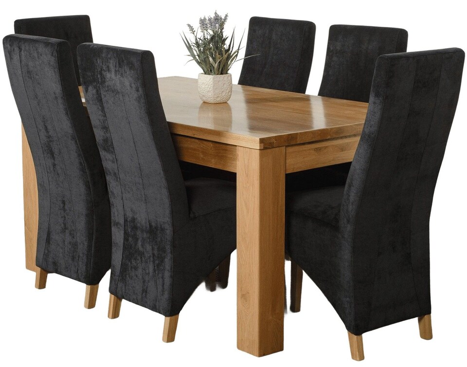 image 1 of Dakota 152 x 87cm Medium Oak Dining Table and 6 Lola Fabric Chairs | Black | Black