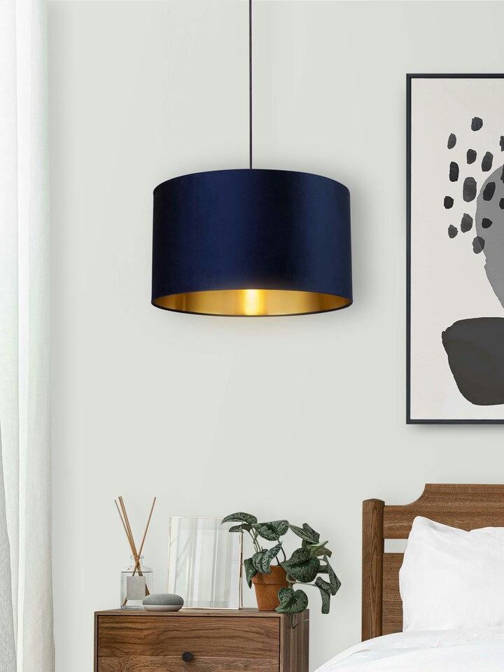 image 1 of NAVY VELVET DRUM SHADE & GOLD INNER (D50cm)