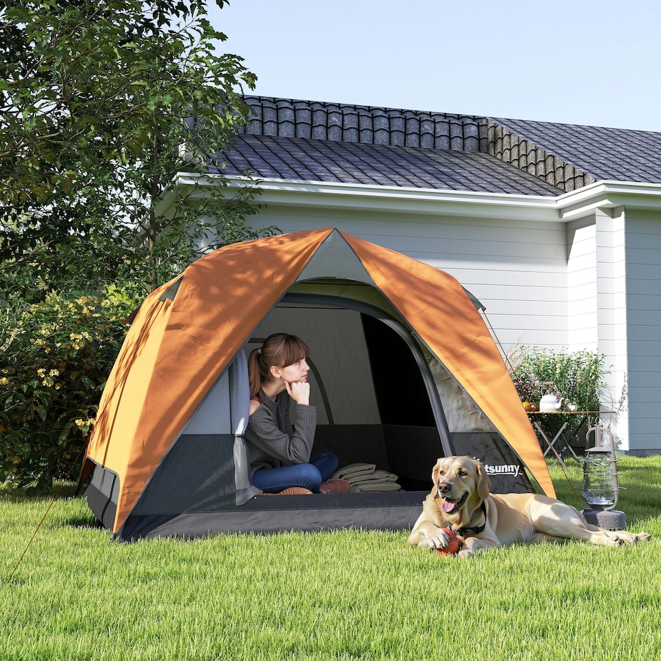 image 1 of Outsunny 3-4 Person Camping Tent, Waterproof Tent Orange | Orange, Grey