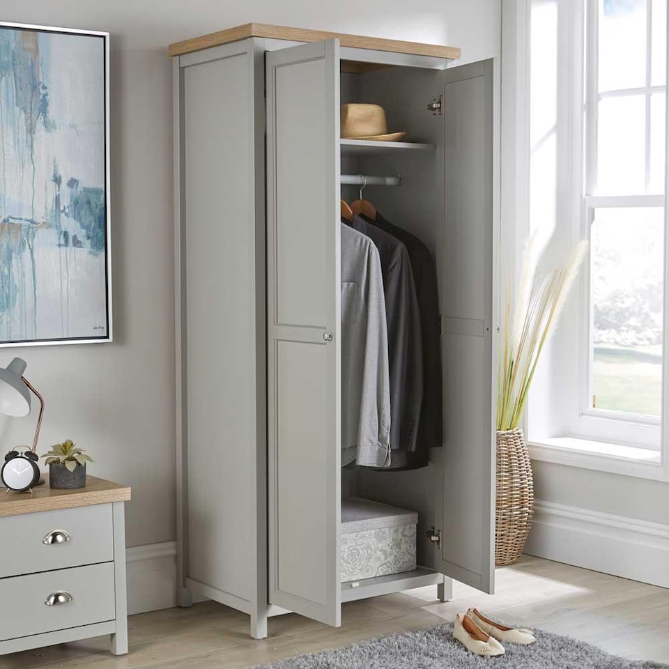 image 1 of Wardrobe 2 or 3 Door Two Tone Oak Top Wooden Hanging Rail Storage Shelves | Grey