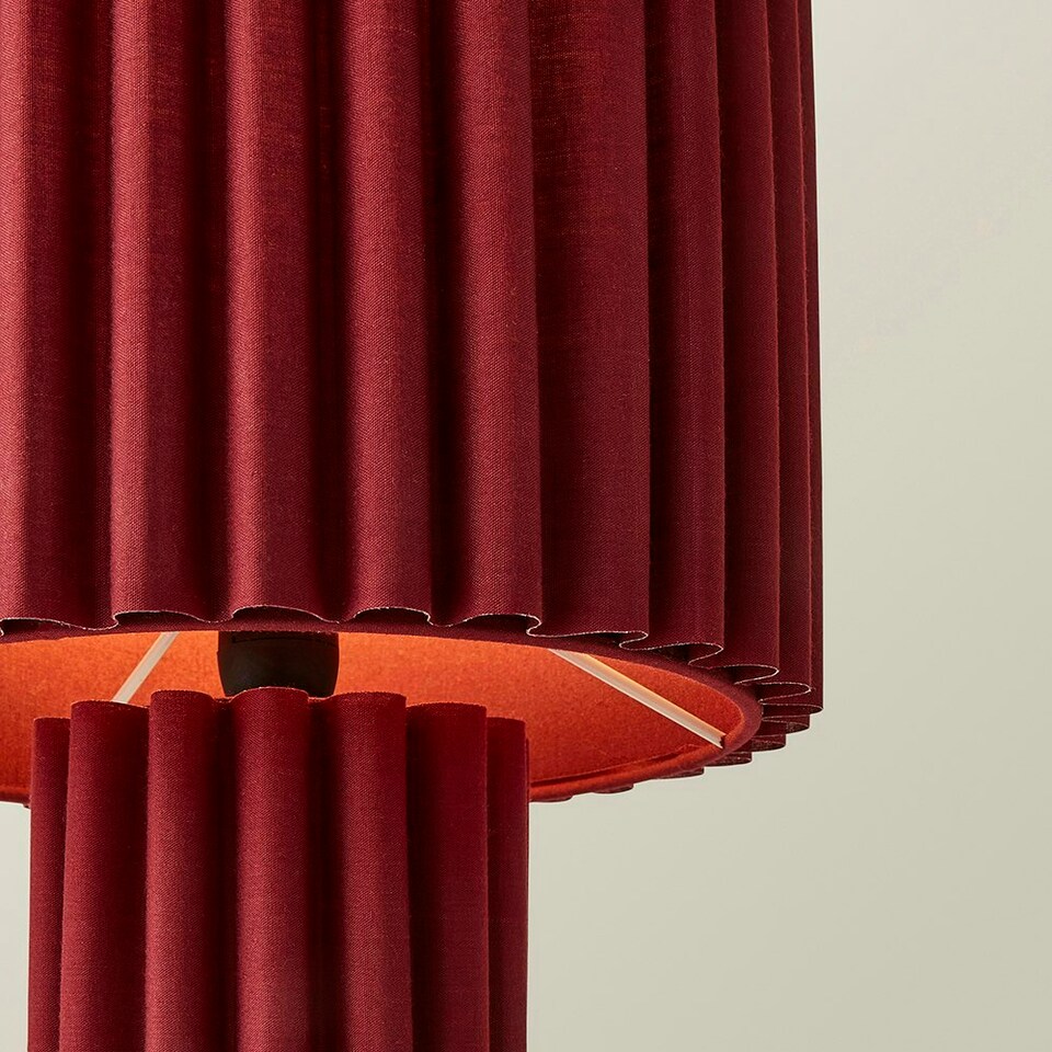 image 1 of ValueLights Lenny Burgundy Wine Drum Lamp Shade Ribbed Full Fabric Table Lamp with LED Bulb Red