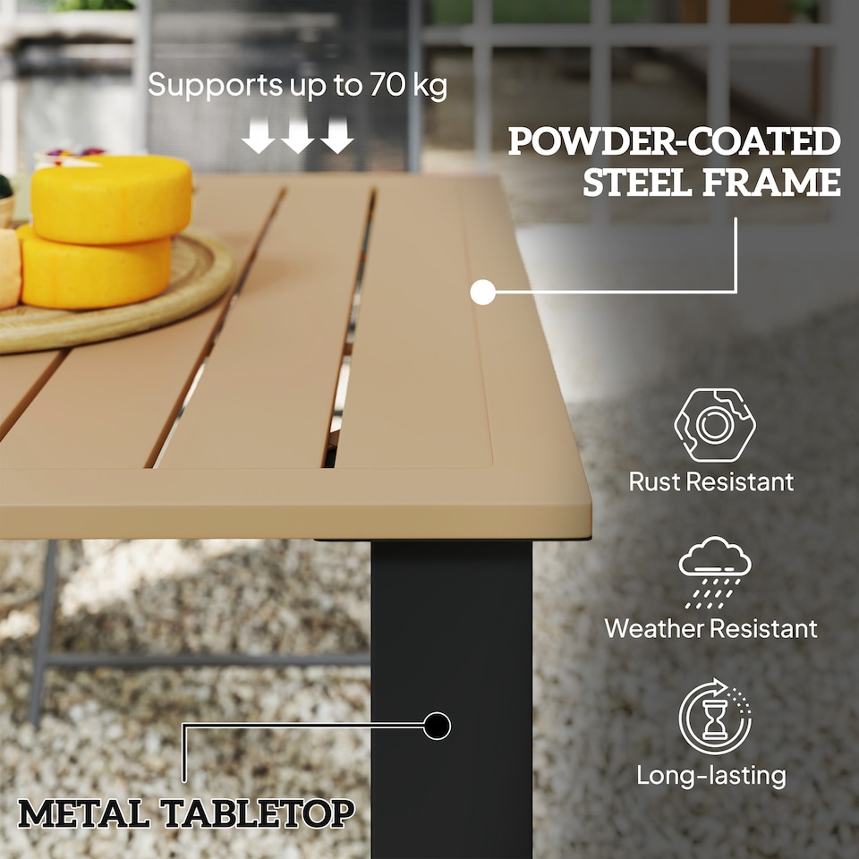 image 1 of Outsunny Garden Table with Parasol Hole, Slatted Metal Tabletop, Brown | Brown | Brown | 150L x 90W x 73H cm