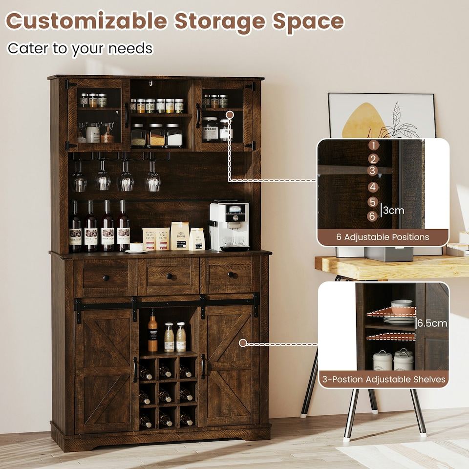 image 1 of COSTWAY 184cm Tall Kitchen Cupboard Buffet Storage Cabinet Brown
