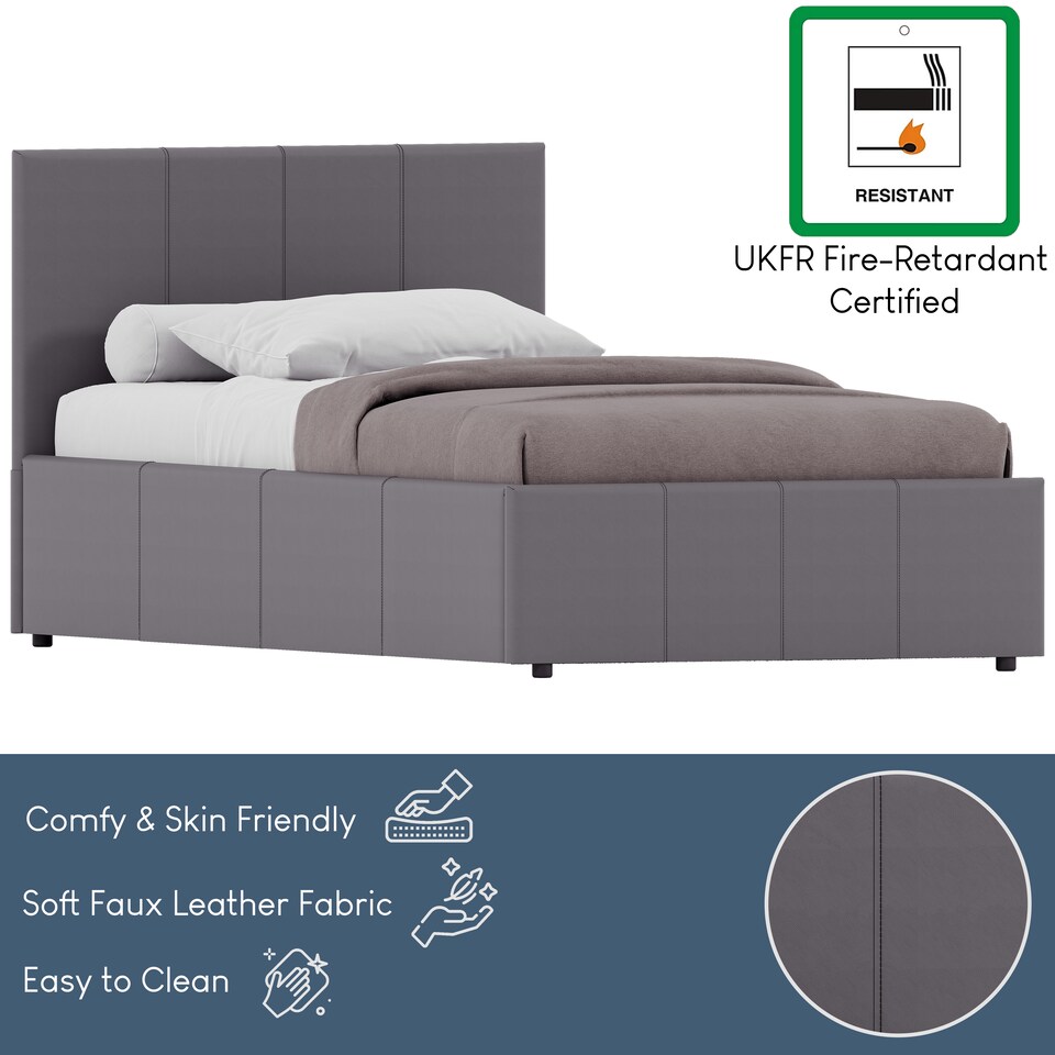 image 1 of Vida Designs Lisbon 3ft Single Ottoman Bed Storage Faux Leather, Grey, 90 x 190cm