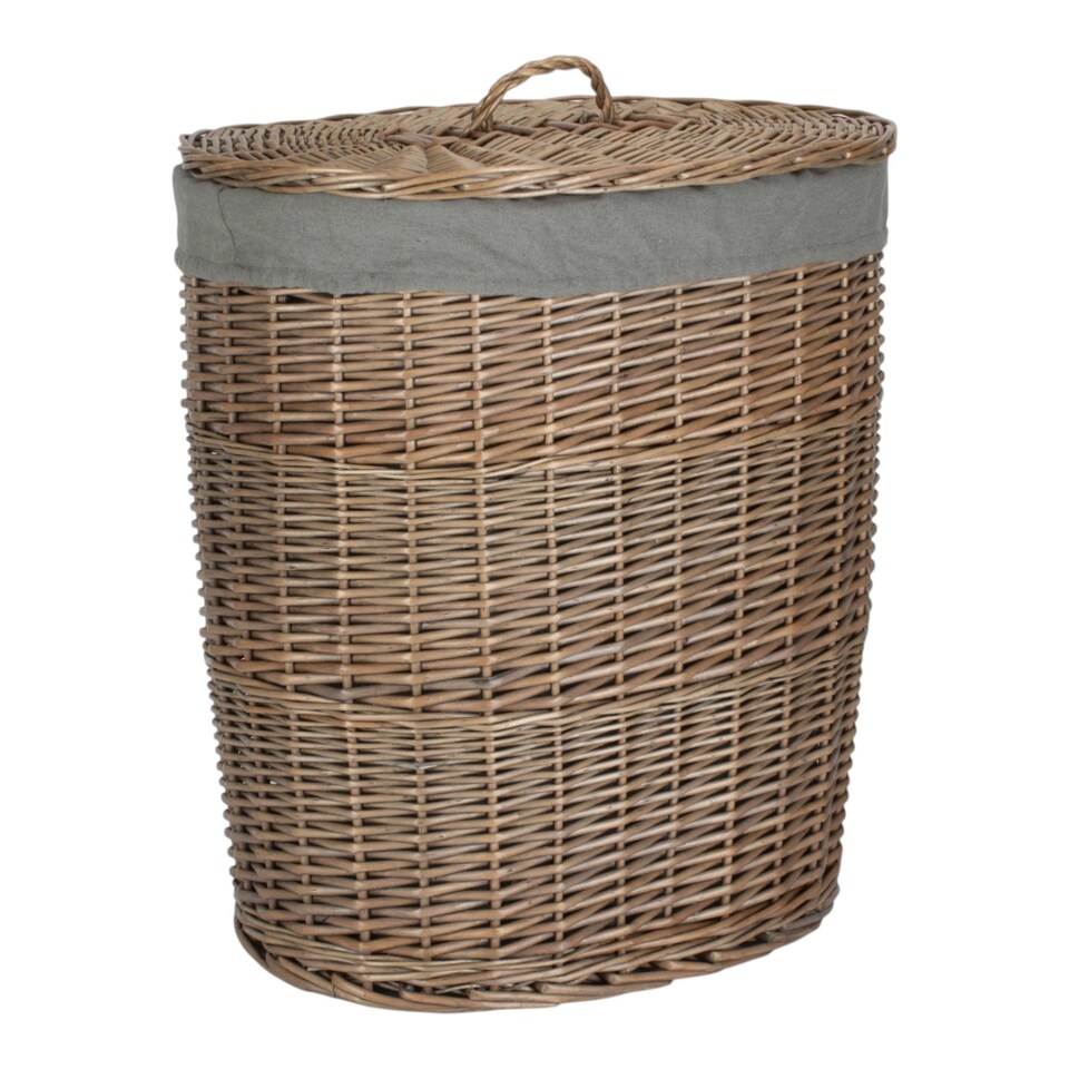 image 1 of Antique Wash Grey Cotton Lined Oval Willow Laundry Basket
