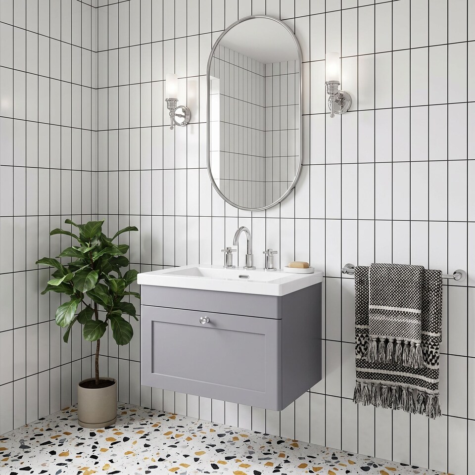 image 1 of Balterley Swynnerton Traditional 1 Drawer Wall Hung Vanity Unit with Fireclay Basin, Satin Grey, 600mm