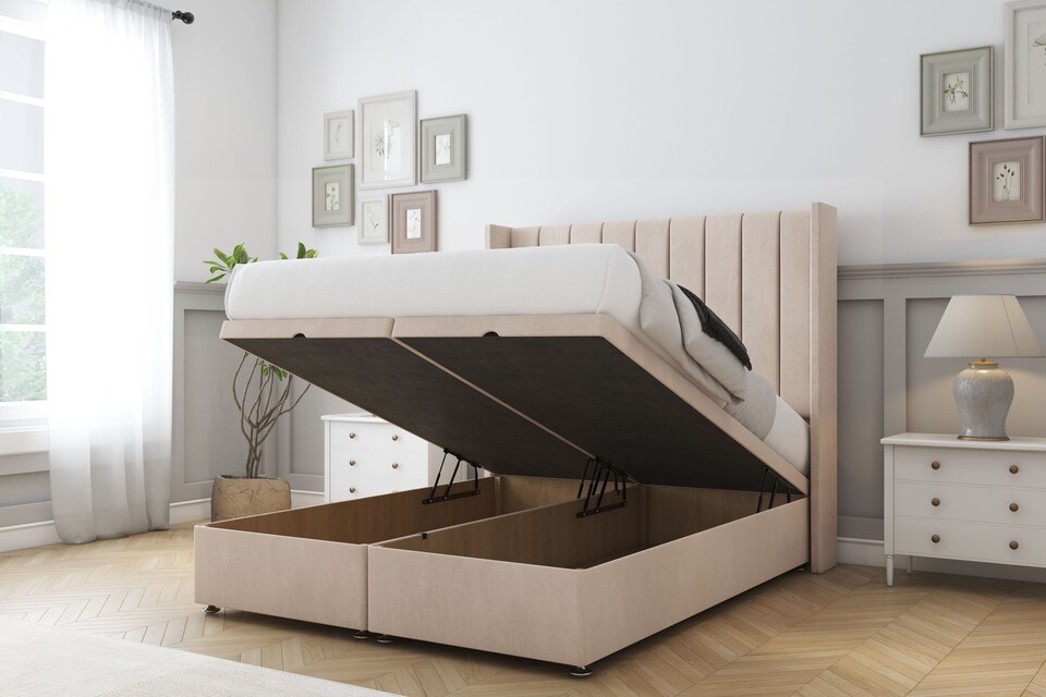 image 1 of Sloomy Falcon Sand Naples Ottoman Bed Base With 54" Wingback Headboard 2'6 Small Single | Cream | Sand | Small Single | 1