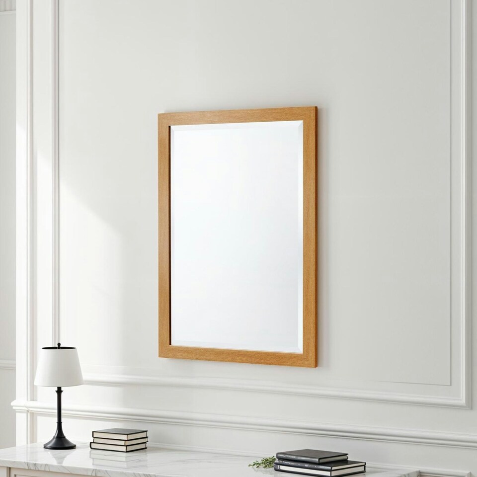 image 1 of Oak Effect Framed Bevelled Mirror Brown | 85x60x2cm