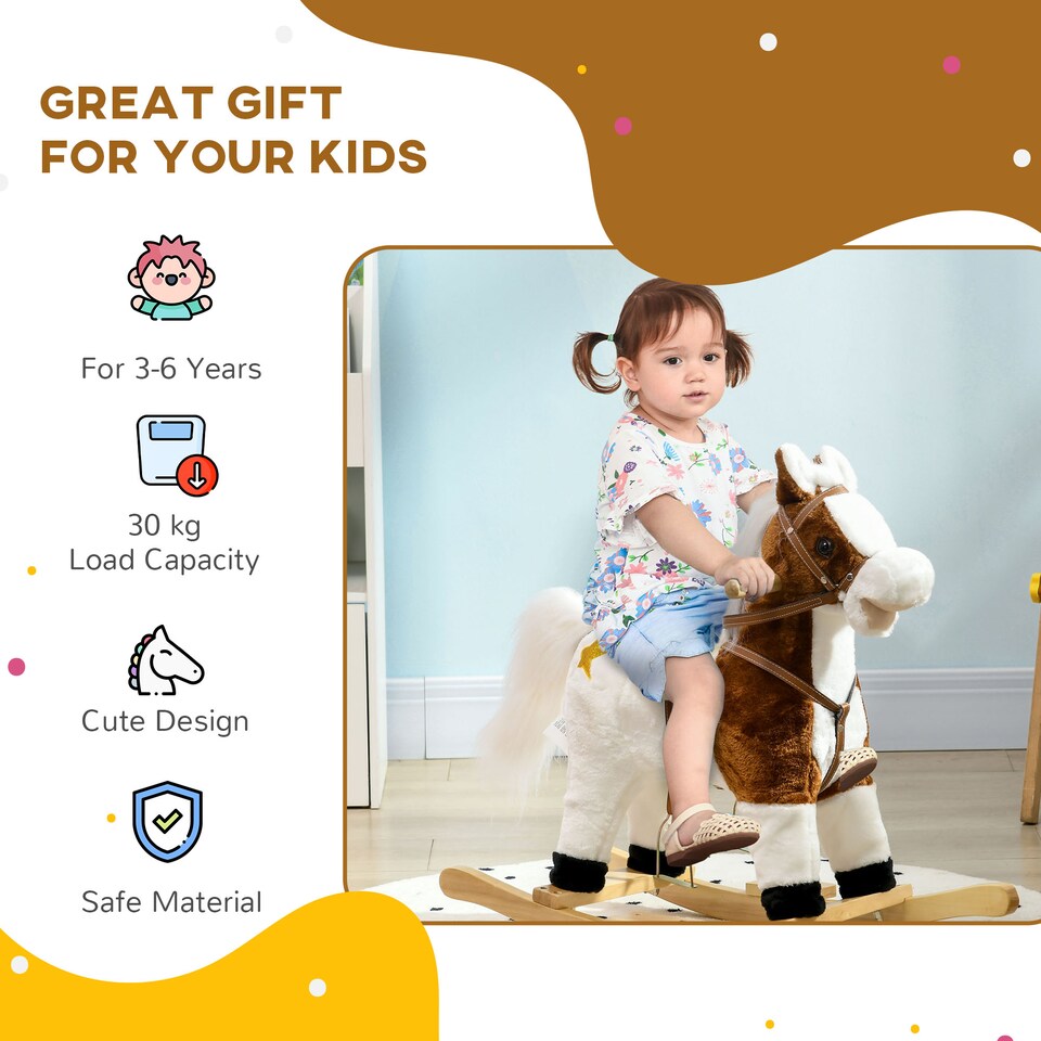 image 1 of HOMCOM Rocking Horse with Music, Sound, Wagging Tail, Kids Ride On Horse with Saddle Gift for Ages 3-6 Years, Brown