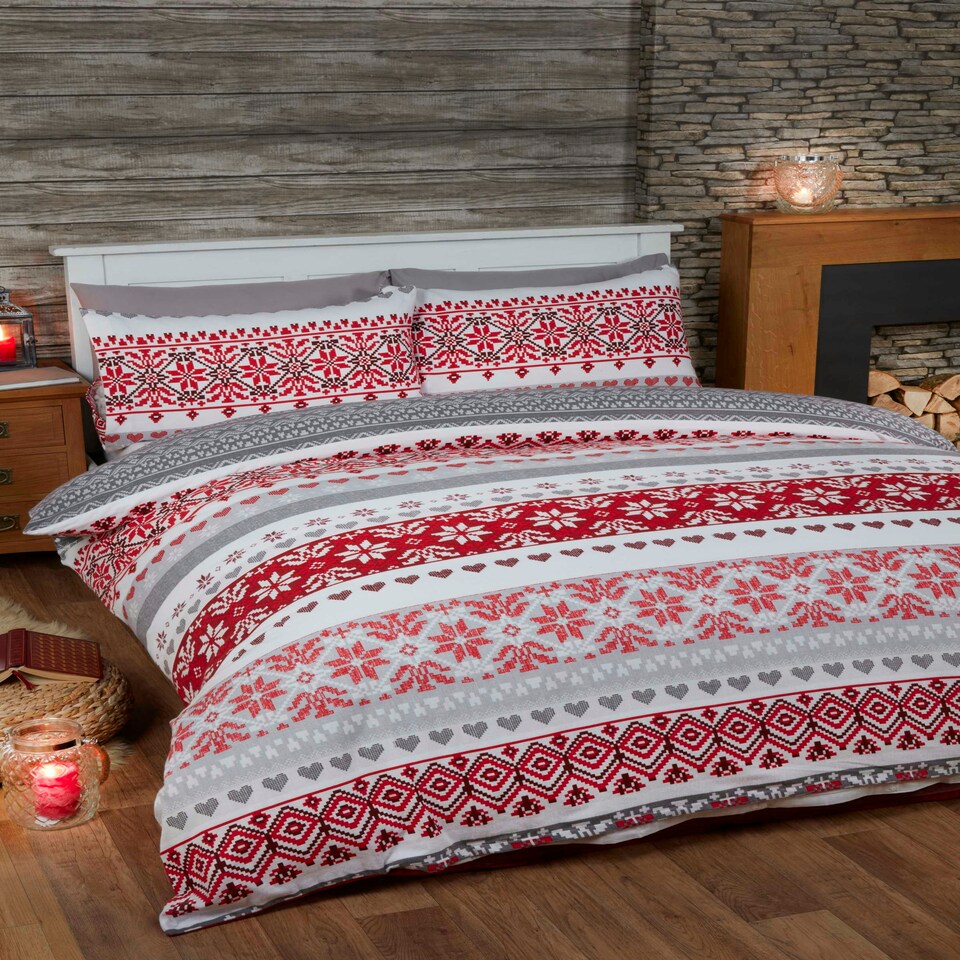 image 1 of Fairisle Reindeer Pure Cotton Bed Cover Sheet Set Red | Double