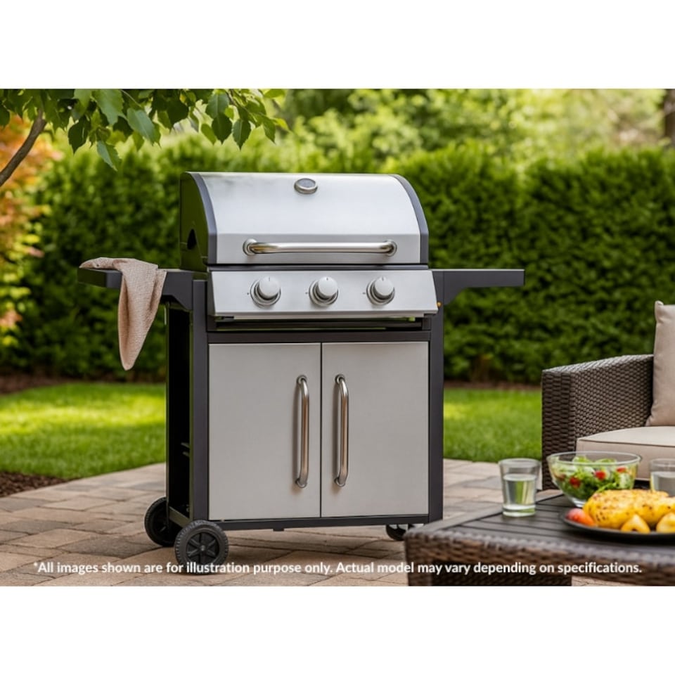 image 1 of Premium 3 Burner Gas BBQ with Folding Shelves, Built-in Thermometer & Gas Bottle Storage