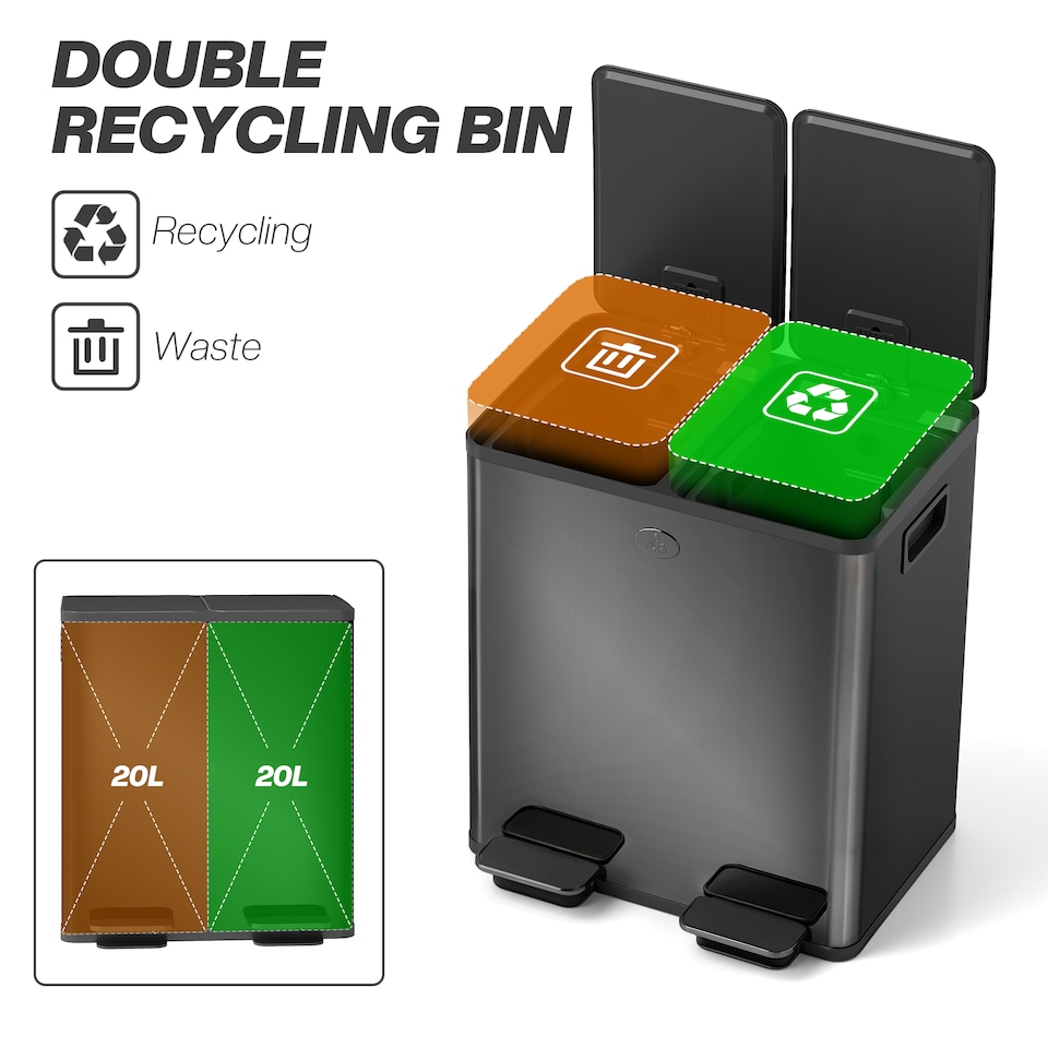 image 1 of HOMCOM 2 x 20L Dual Rubbish Bin Kitchen Bin for Recycling and Waste, Black | Black