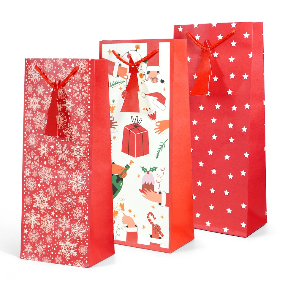 image 1 of Kraft and Co Christmas Wine Bottle Gift Bags with Cord Handles, 3 Pack