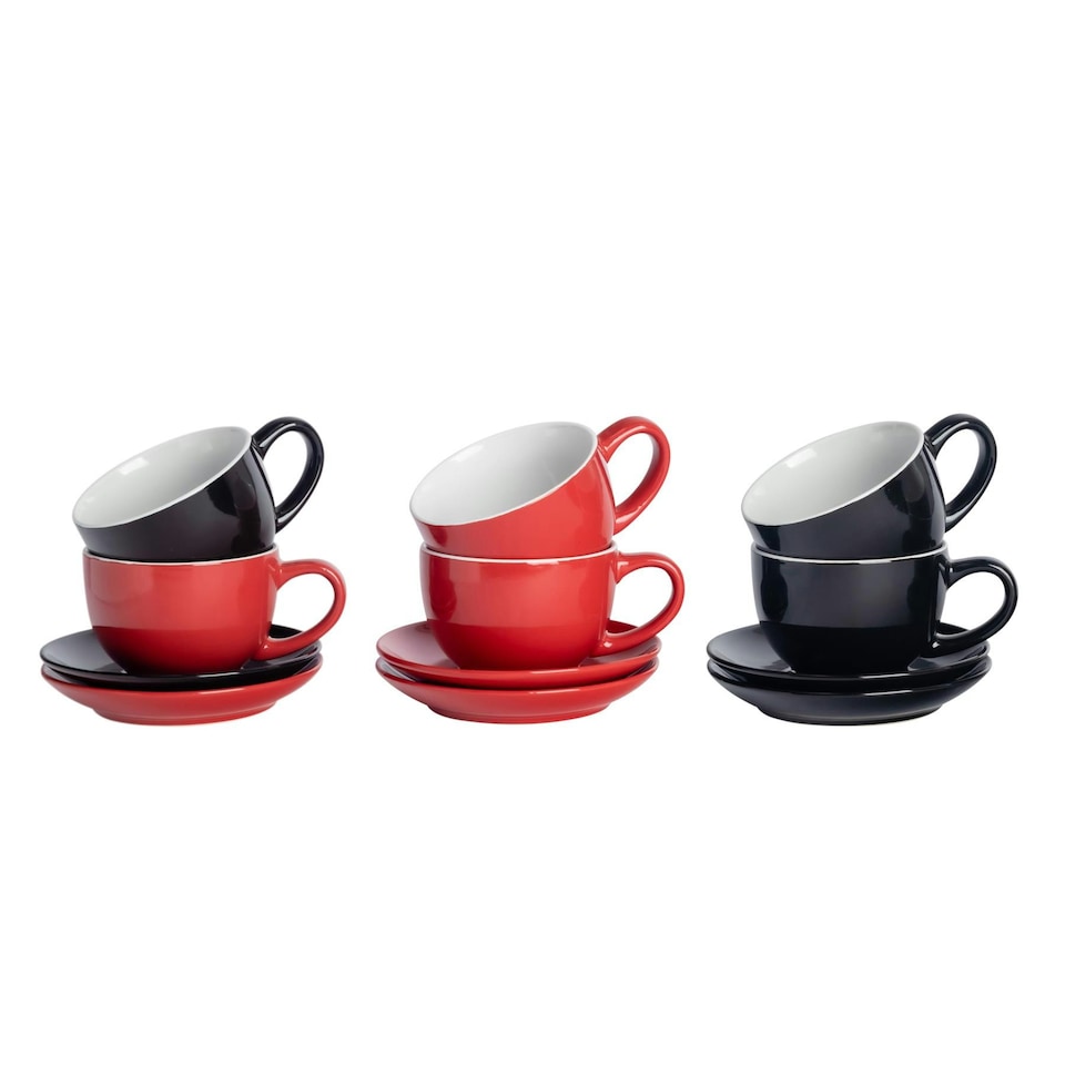 image 1 of Argon Tableware 12pc Coloured Cappuccino Cup & Saucer Set - 250ml - Red/Black - Coffee Cup Latte Cup Drinking Cup