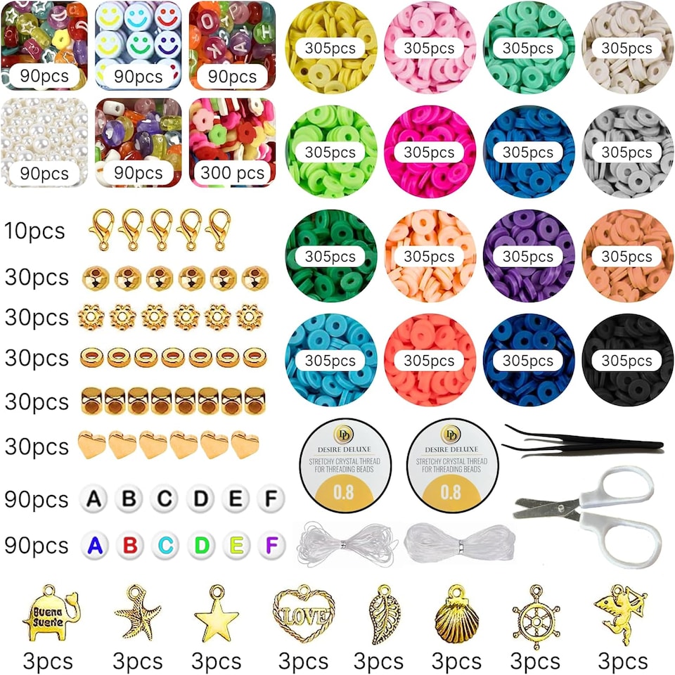 image 1 of Desire Deluxe Bracelet Necklace Making Kit - Clay Beads Friendship Jewellery - Letters and Crafts Making Kit - Elastic Rubber Pendants for Girls (6084 pieces)