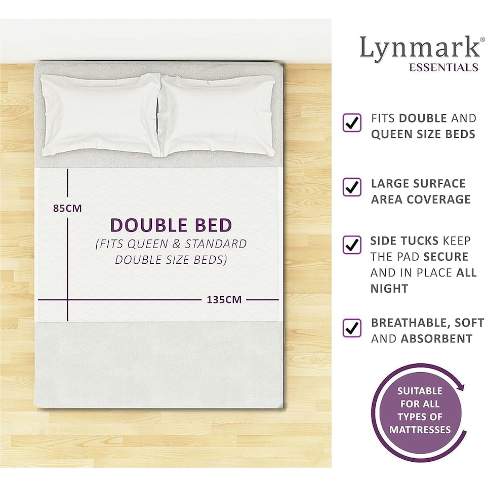 image 1 of Lynmark® Incontinence Bed Pads with Tucks - Washable, Absorbs up to 8 Cups, 135 x 85cm White | 2 pack | Double
