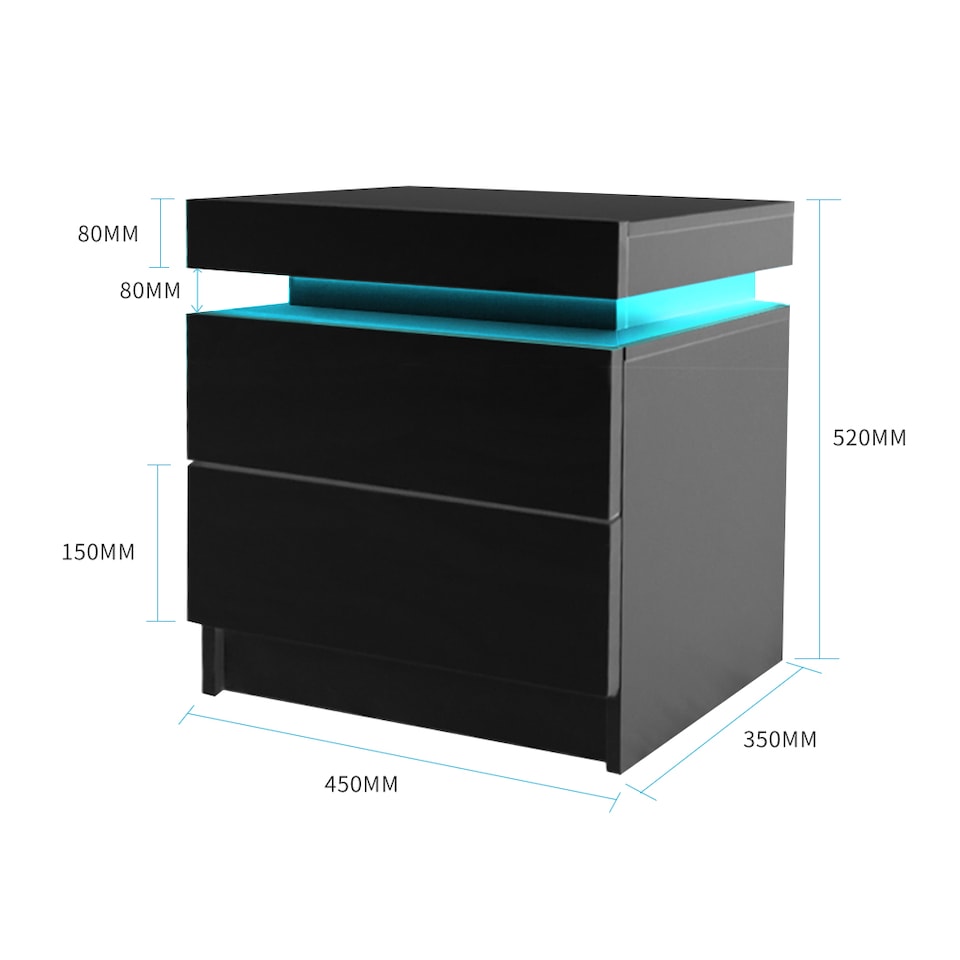 image 1 of Levede 2 Drawer Bedside Table High Gloss RGB LED Nightstand Cabinet | Black | Black