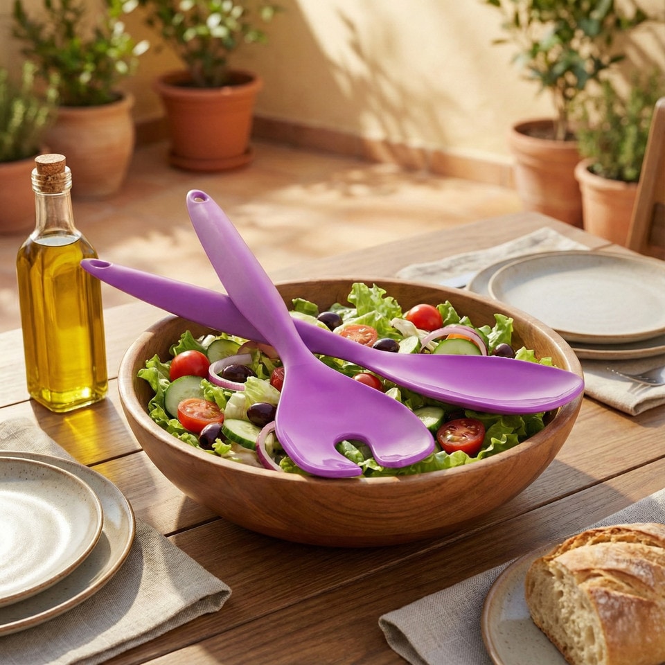 image 1 of 2 Pcs Salad Food Servers Set Mixing Dinner Party Colourful Plastic Fork & Spoon | Purple | Purple | 2