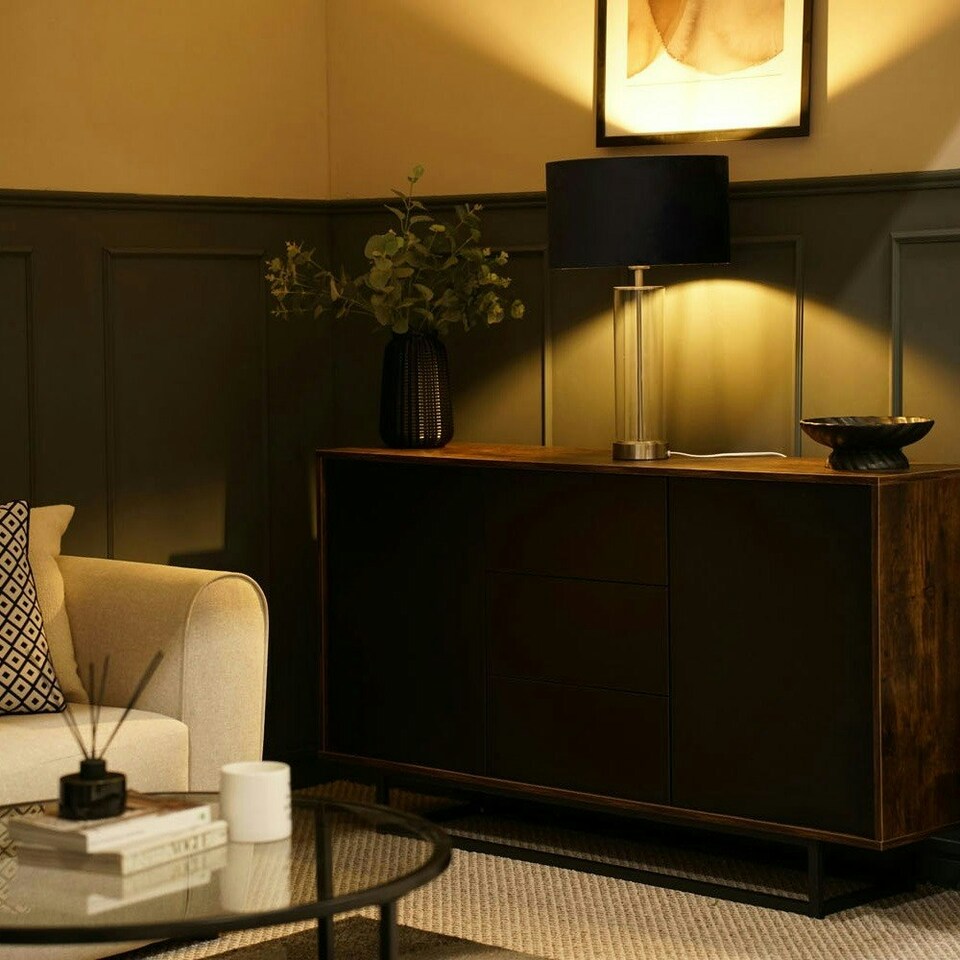 image 1 of ValueLights Clear Tube and Brushed Chrome Metal Bedside Table Lamp with a Navy Blue Velvet Shade