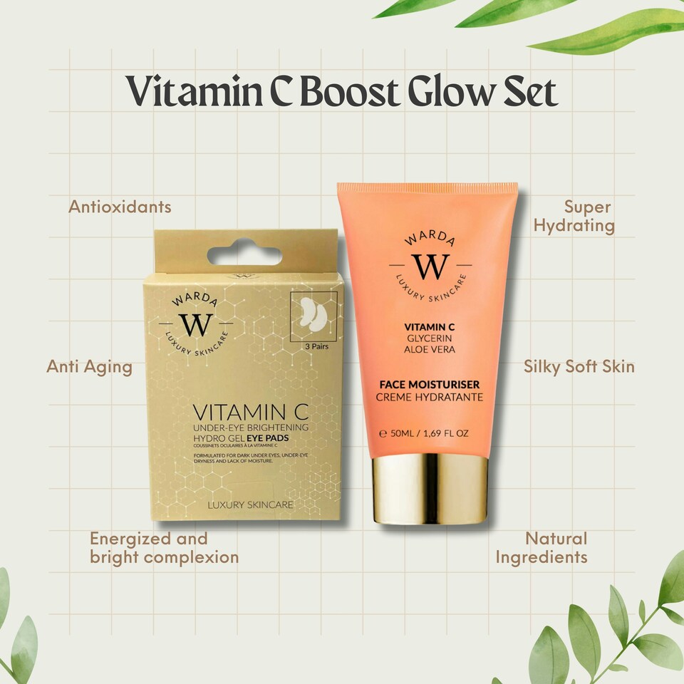 image 1 of Warda - VITAMIN C UNDER-EYE BRIGHTENING HYDRO GEL x 3 + SKIN GLOW BOOST VITAMIN C MOISTURISER 50ml