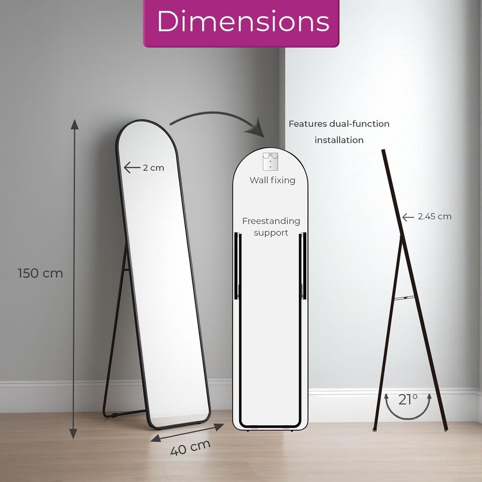 image 1 of Full Length Mirror with Metal Frame Wall Mounted Free Standing Floor | Black