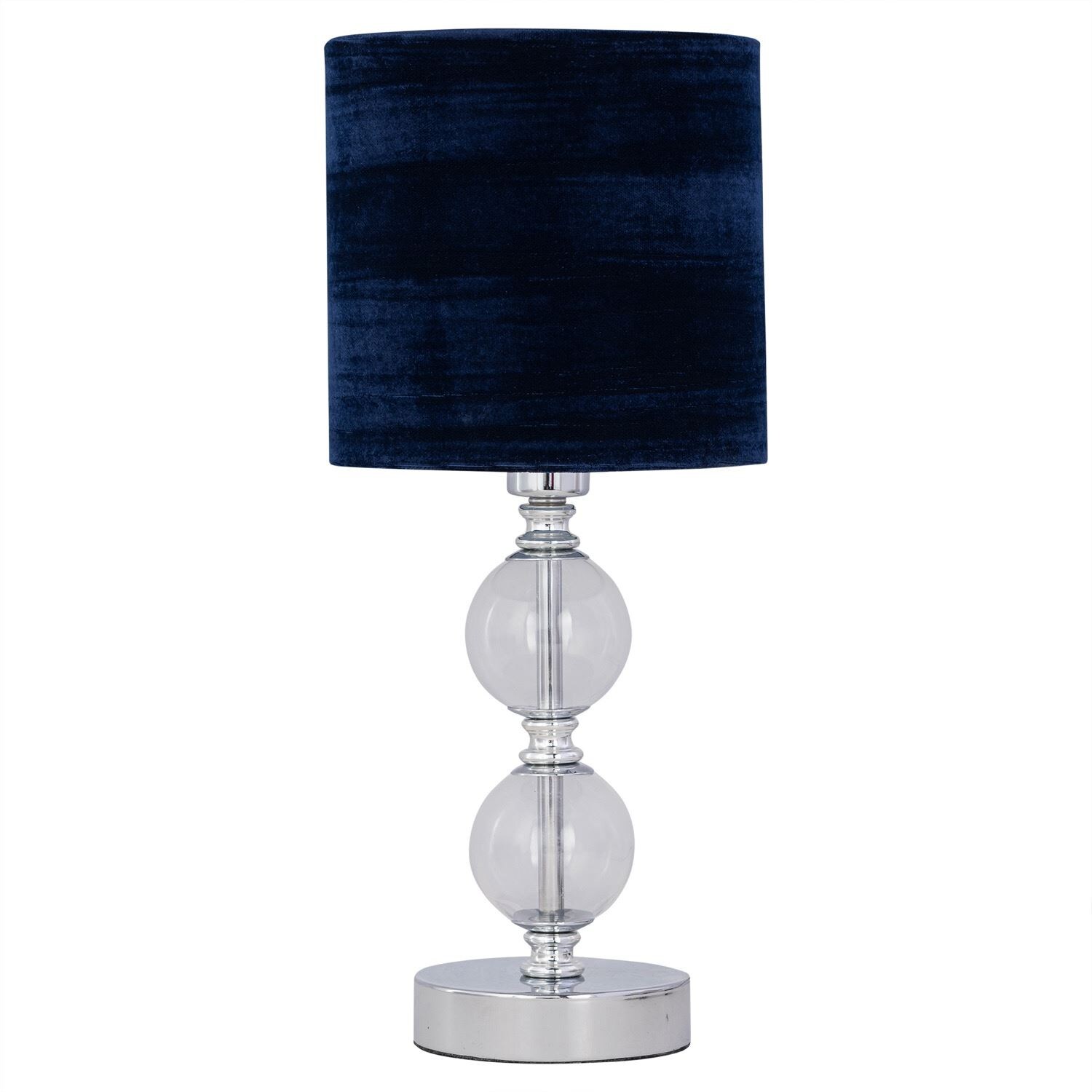 First Choice Lighting Chrome Two Ball Table Lamp with Navy Blue Crushed Velvet Shade in Silver