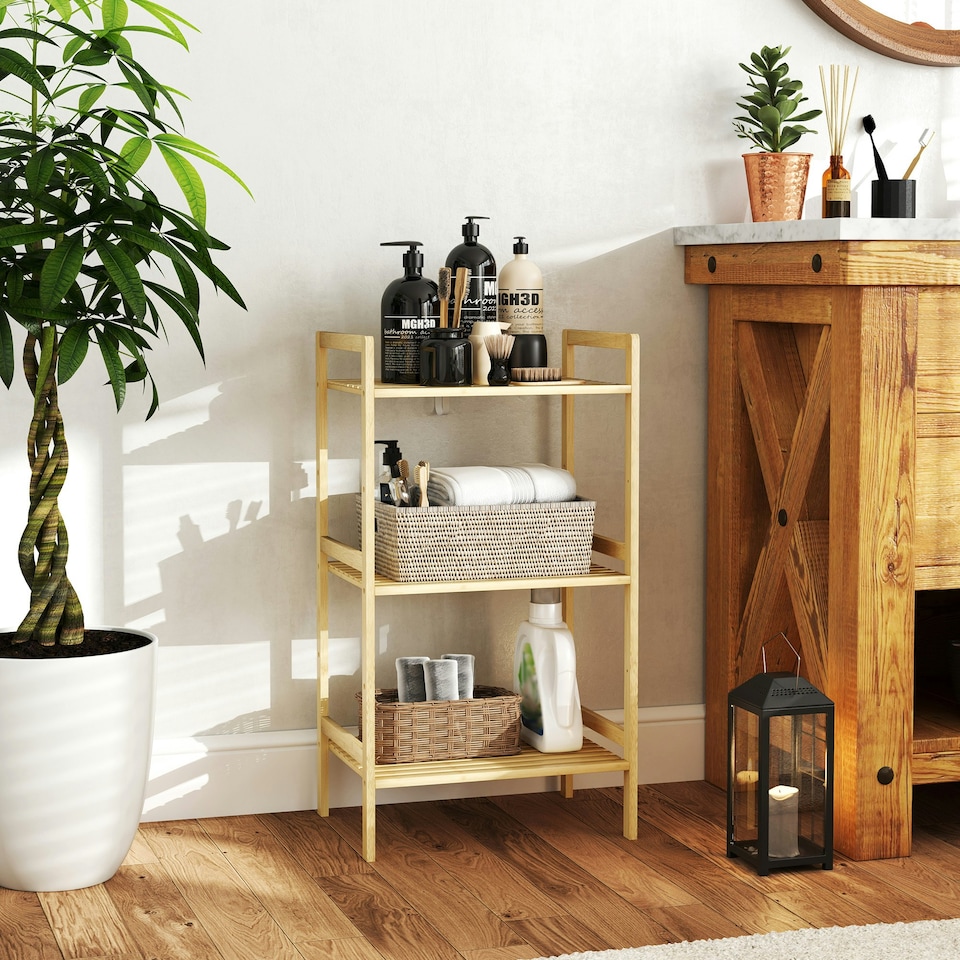 image 1 of HOMCOM 3-Tier Bamboo Bathroom Storage Shelf with Adjustable Rack, Natural