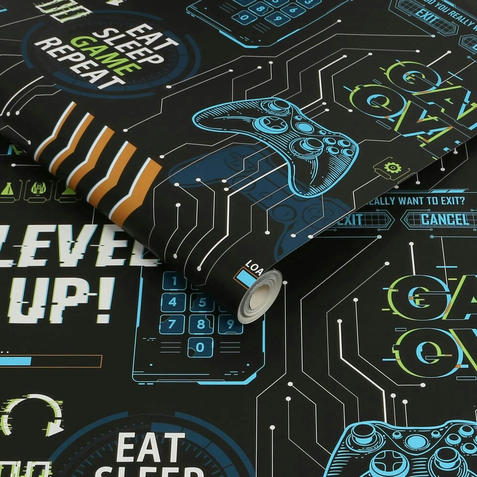 image 1 of Fresco Game Over Black and Multicolour Wallpaper Multi | Black
