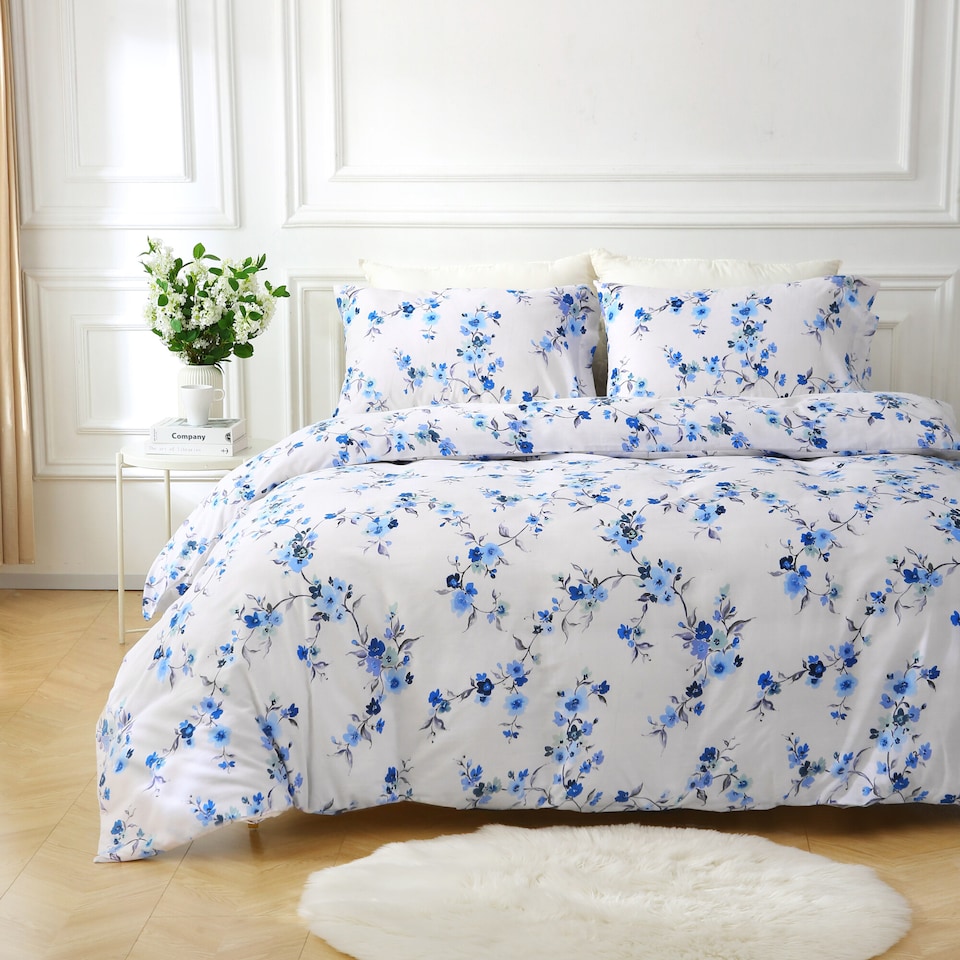 image 1 of Sakura Blossom Soft Easy Care Bed Linen Bedding Duvet Cover Quilt Set With Pillow Cases | Blue | King