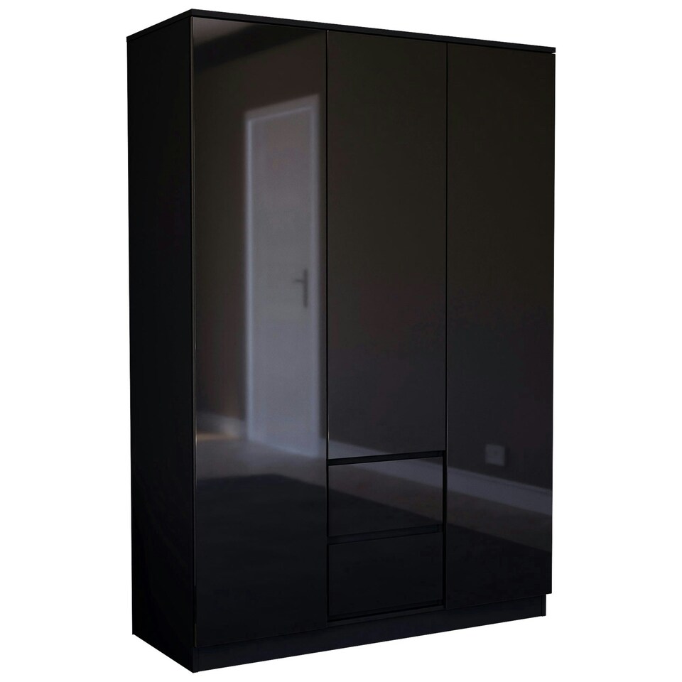 image 1 of Vida Designs Glinton 3 Door 2 Drawer Wardrobe High Gloss Doors With Shelf & Clothes Rail, 100% FSC, Black